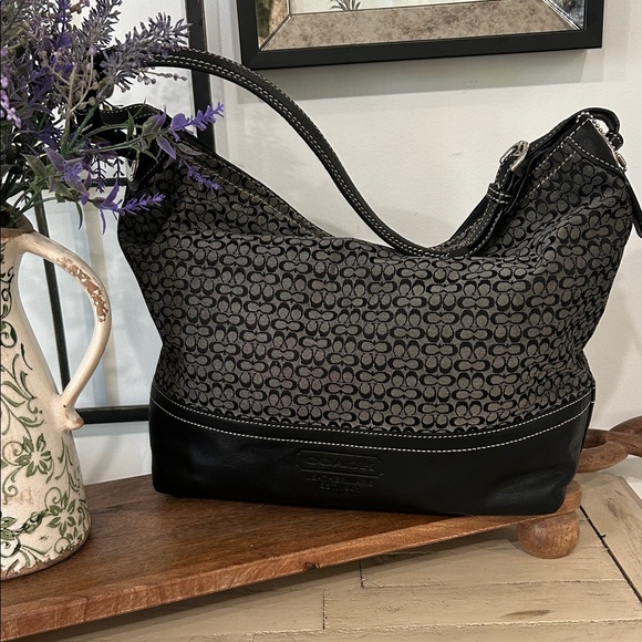 Coach Handbags - Coach Black Signature Canvas Hobo with Leather Trim